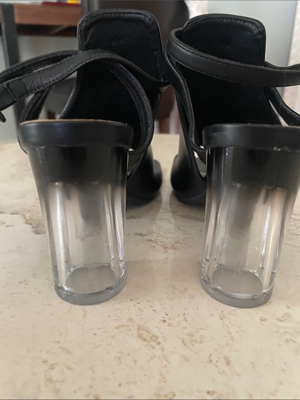 Women’s Black Strappy Heels with Clear Block Heel
